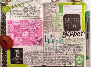 Diário ou Caderno de registro pessoal, cheio de anotações, desenhos, colagens e lembranças. Um espaço para a criatividade e organização.